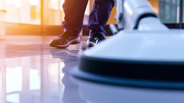 A worker uses specialized equipment to clean the floor in a contemporary office environment, showcasing a high level of cleanliness and maintenance