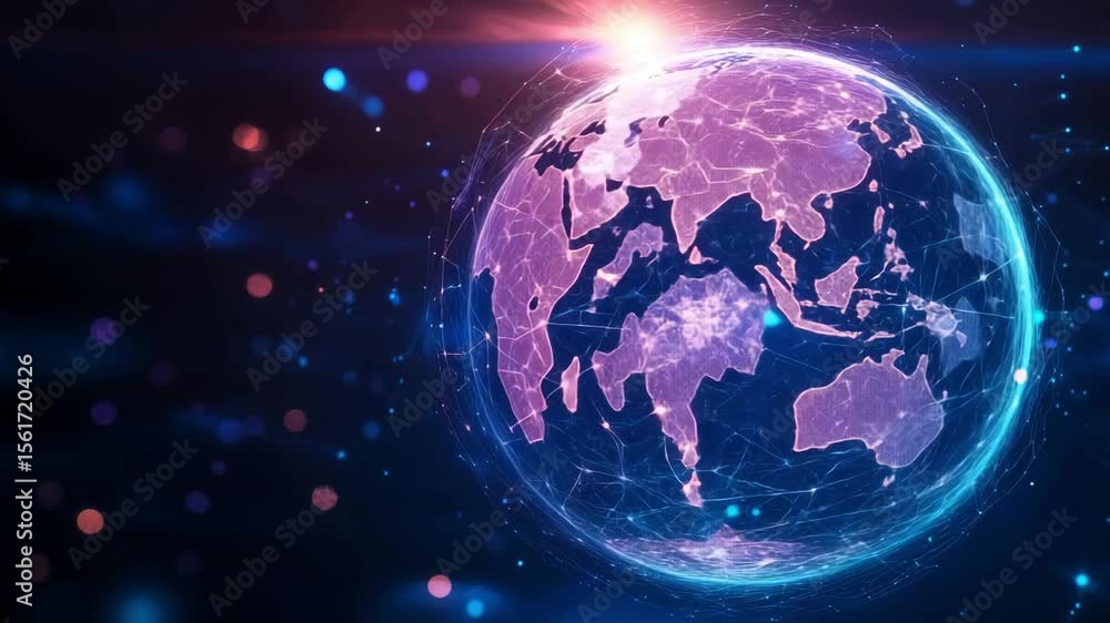 Poster a digital rendering of earth interconnected with vibrant network lines, illustrating global connecti