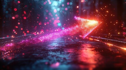 Fototapeta premium A vibrant, glowing arrow composed of particles against a dark, reflective surface.