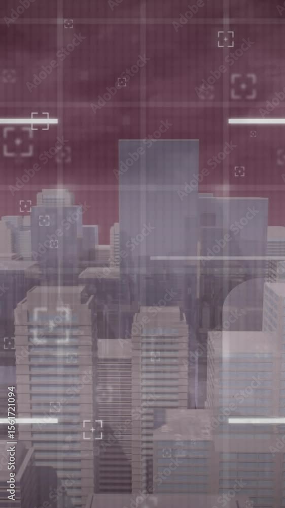 Poster animation of scope scanning over data processing against 3d city model