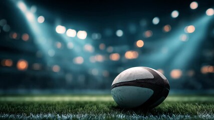 A rugby ball rests on the grass of a stadium field as lights shine above and the crowd cheers in anticipation - Powered by Adobe