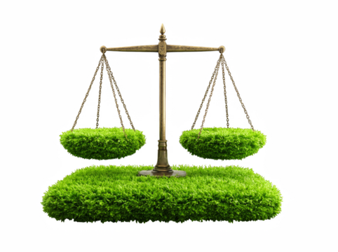 Scales of justice balanced with money and green grass in a legal and financial concept scene