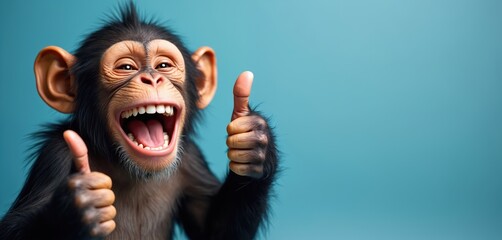 Happy chimpanzee giving thumbs up gesture on blue background. Funny monkey with open mouth showing teeth smiling looks at viewer. Studio shot of adorable animal, good mood