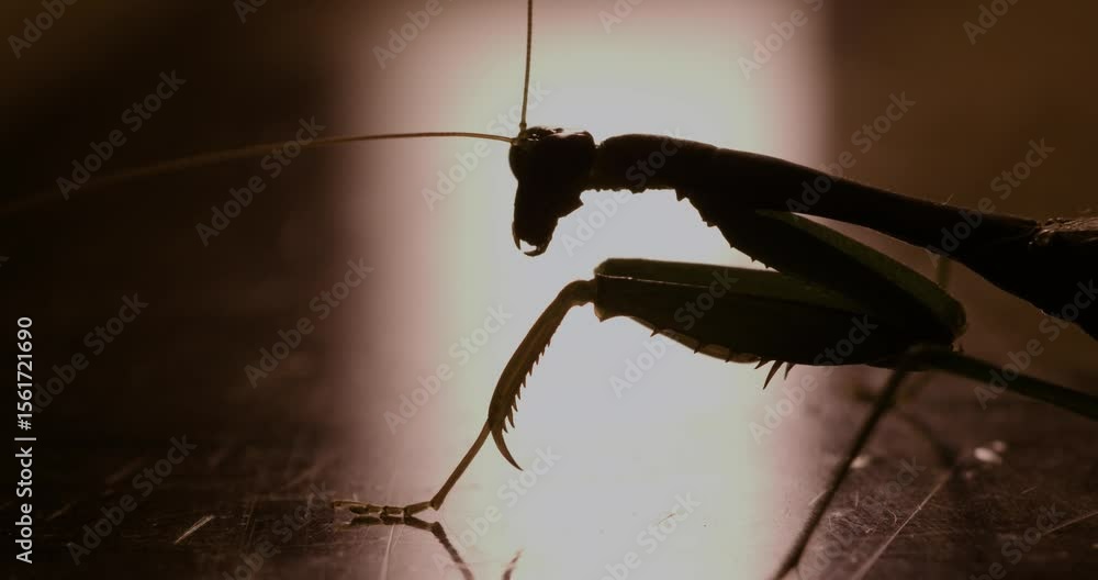 Poster close-up of a praying mantis (mantodea) under dramatic backlight, captured in macro as it moves its 