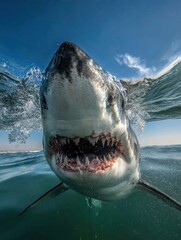 Great white shark showing teeth breaking ocean surface