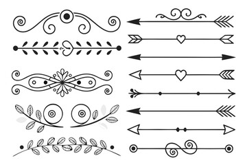 Fototapeta premium Black Vector Ornamental Divider Set with Curved Arrows, Swirls, and Hand-Drawn Floral Borders. Elegant Decorative Elements for Layouts and Creative Projects.