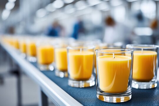 Finished candles displayed in a modern production area showcasing professional craftsmanship and branding opportunities