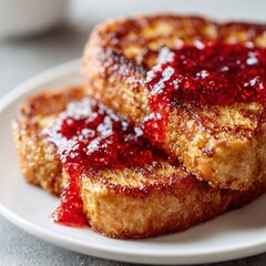 French toast with raspberry jam on white plate for breakfast
