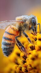 Honey bee covered in dew on vibrant yellow flower