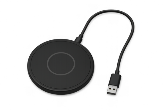 Wireless charging pad with usb cable on transparent background