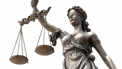 Statue of Justice Holding Scales in Classical Style on White Background