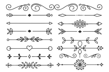 Elegant Hand-Drawn Divider Elements Featuring Floral Arrows and Curved Swirls in Black Vector. Vintage Decorative Borders for Invitations and Layout Projects.


