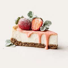 Delicious cheesecake with strawberries and pink icing dripping on white background