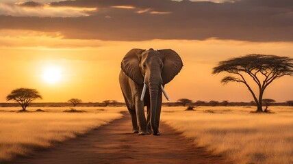 Majestic Elephant Strolls Through Golden Savannah at Sunset, Kenya