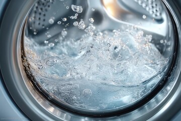 Water splashes inside a washing machine drum, creating soap suds and bubbles during the washing cycle, offering a dynamic view of the laundry process