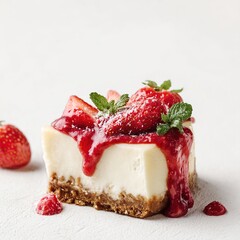 Delicious cheesecake with fresh strawberries and strawberry sauce dripping