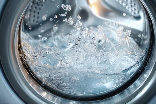 Water splashes inside a washing machine drum, creating soap suds and bubbles during the washing cycle, offering a dynamic view of the laundry process