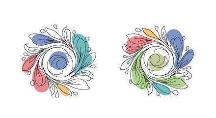 Obraz premium Decorative Swirl Floral Ornaments with Colorful Petal Accents and Delicate Line Art Details