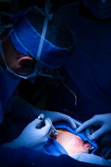 dental surgeon with surgical instruments working on patient.
