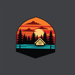 Minimalist cabin by the lake at sunset with pine trees