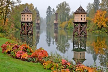 Autumn mist over a river, with elevated structures