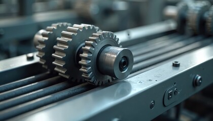 Naklejka premium Detailed view roller belt, gear in automated machinery processes. Metal parts demonstrate engineering design. Conveyor belt, mechanic fabrication, tech concept. Industrial production, system
