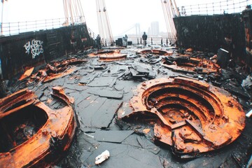 Rusted metal debris litters a ship's deck, remnants of machinery and a graffiti-covered wall visible