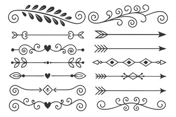 Fototapeta premium Ornamental Black Vector Divider Set Featuring Elegant Arrows, Swirls, and Hand-Drawn Floral Borders. Vintage Decorative Line Art for Layout and Design Templates.