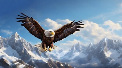 Obraz premium Majestic Bald Eagle Soaring Over Snowy Mountains Under a Bright Blue Sky