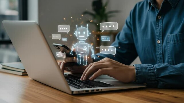 AI Chatbot Assistance: Man Typing on Laptop & Phone, Chatbot Interface, Artificial Intelligence for Business & Support
