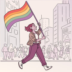 Illustration of a woman leading a pride parade with a rainbow flag in an urban city environment view