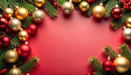 Festive christmas ornament arrangement red background decorative image holiday environment close-up view celebration concept