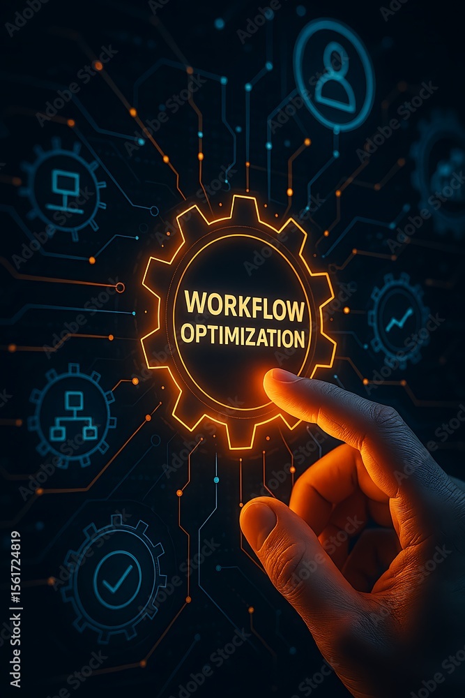 Poster a hand points to an glowing gear icon showcasing workflow optimization on a digital background.