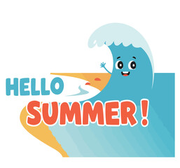 Cute cartoon wave says hello summer