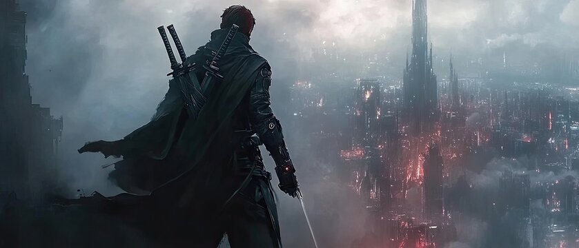 Mysterious figure with swords in a futuristic city