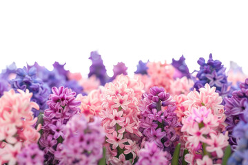 Colorful blooming hyacinths in fresh springtime garden scene.