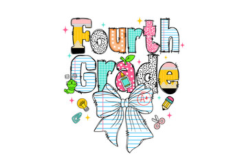 Fourth Grade Back to School Girl Art – Bow and School Elements in Heart isolated on transparent background