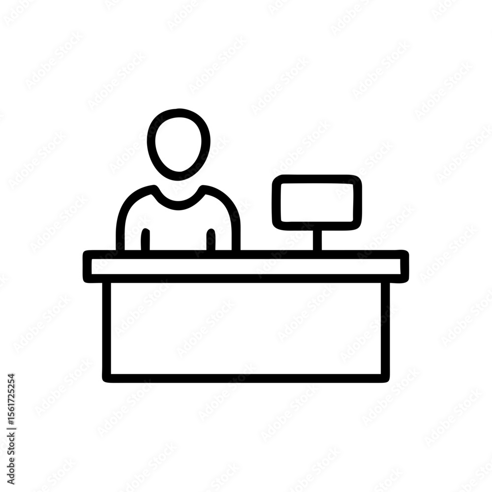 Poster person sitting behind a desk with a computer monitor in a simple line drawing style illustration ima