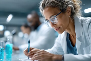 Diverse bioengineer collaborating in a bright laboratory on a genetic project