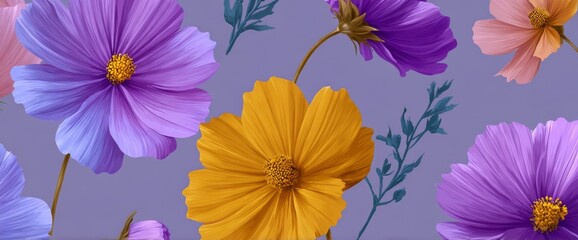 A light background featuring a seamless pattern of vibrant wildflowers and lush green leaves