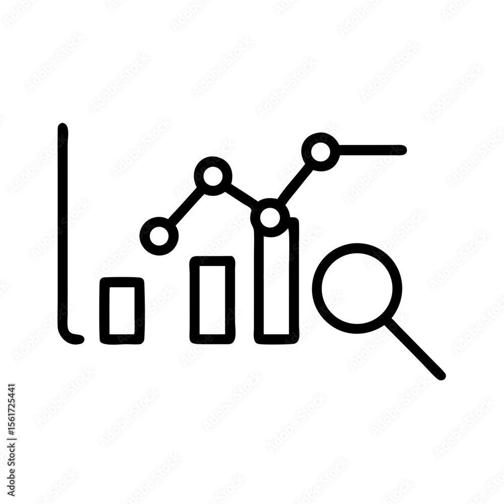 Poster line drawing of a bar graph with a line graph overlayed and a magnifying glass to the side for analy