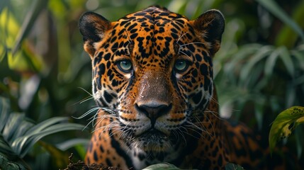 Fototapeta premium A fierce jaguar lurking in the shadows of a dense rainforest, its piercing eyes and sleek body rendered with dramatic clarity and depth