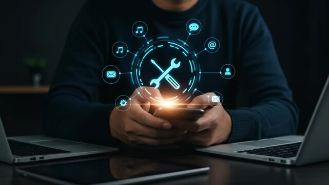 Mobile App Maintenance & Support: Man Using Smartphone with Tech Icon Overlay - Software, Repair, IT Services