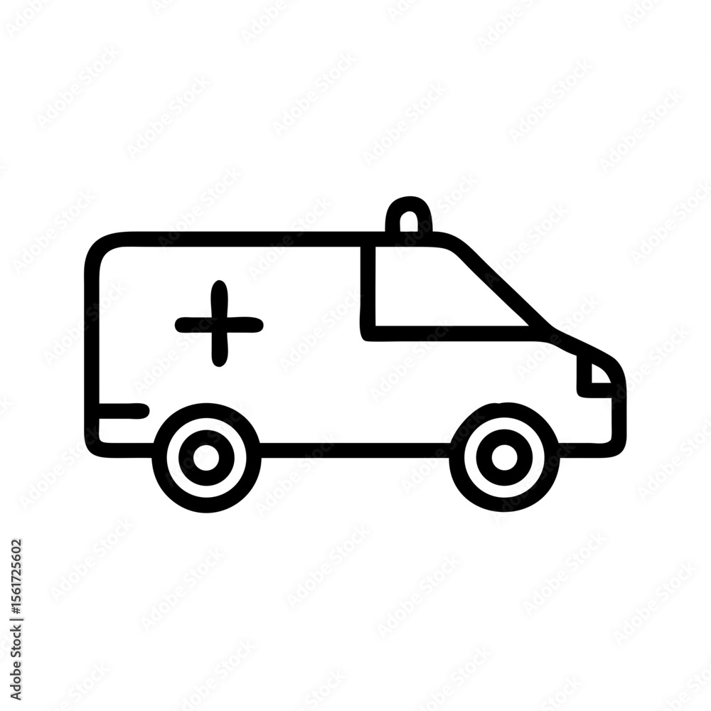 Poster a simple line drawing of an ambulance with a cross and a light on top, showing a vehicle design