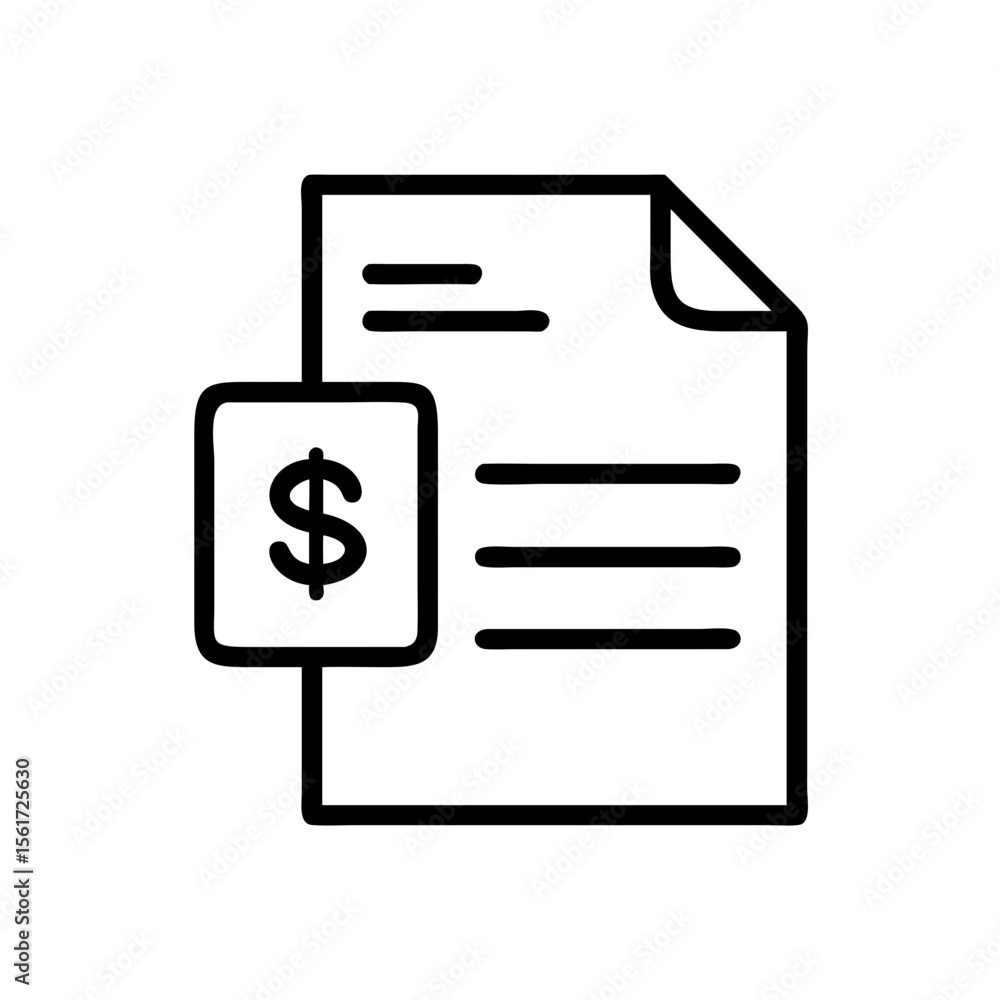 Poster illustration of a document with text lines and a dollar sign in a square on the left side icon