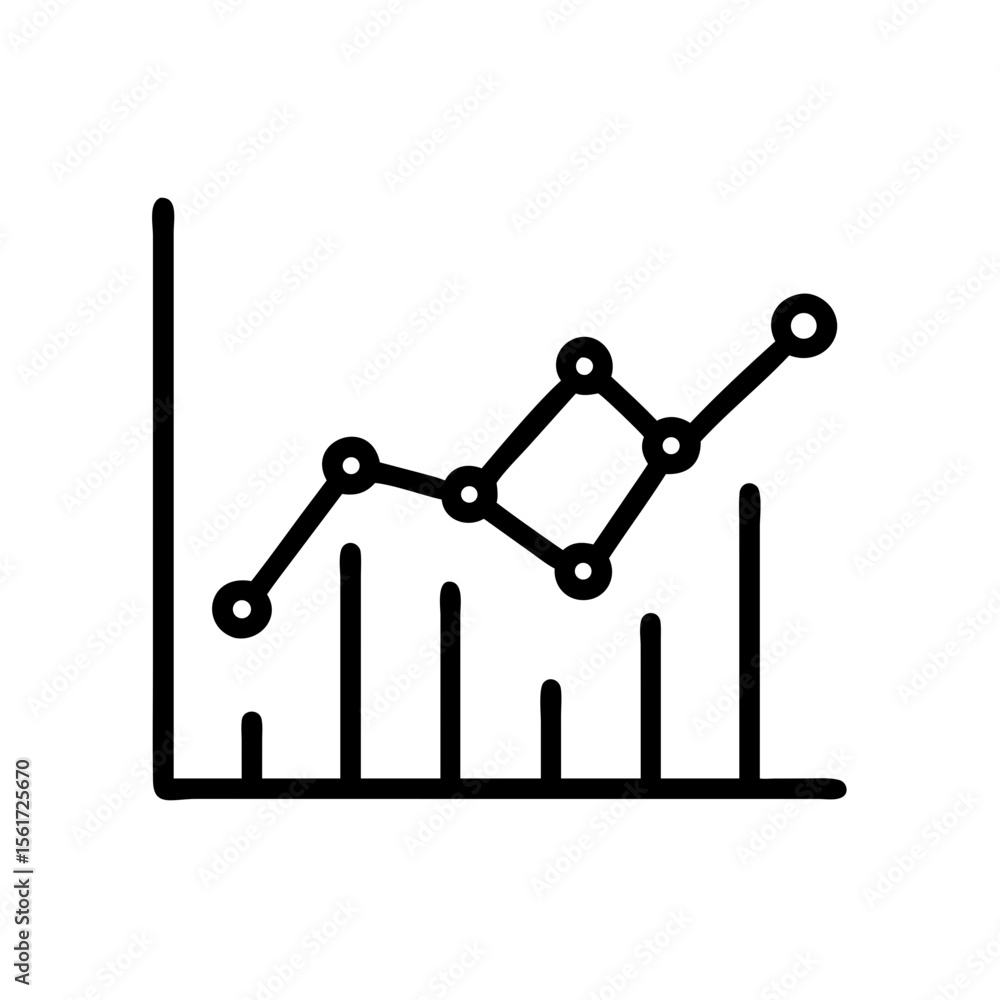 Poster line graph with increasing trend and vertical bars representing data points in black and white style