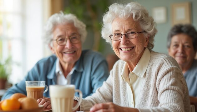 Elderly women enjoy breakfast together, smiling. Seniors share joyful meal with warm drinks, bright table. Medicare advantage concept, friendship, good health. Happy, retired lifestyle.