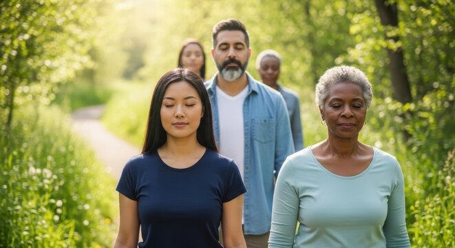 Diverse Group Mindfully Exploring Nature Trail