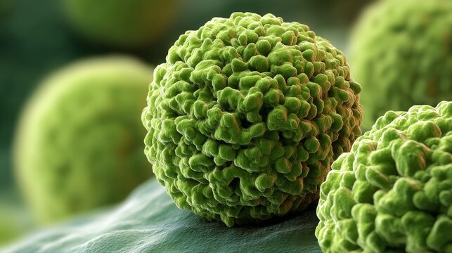 A microscopic view showcases a pollen particle enveloped by cells set against a green background, embodying the ideas of allergies and pollinosis