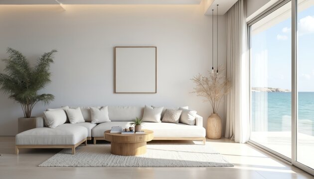 Minimalist coastal living room interior design. White sofa, wooden coffee table, rug, green plant. Ocean view through large windows. Bright, airy space, modern decor in apartment, beach house.